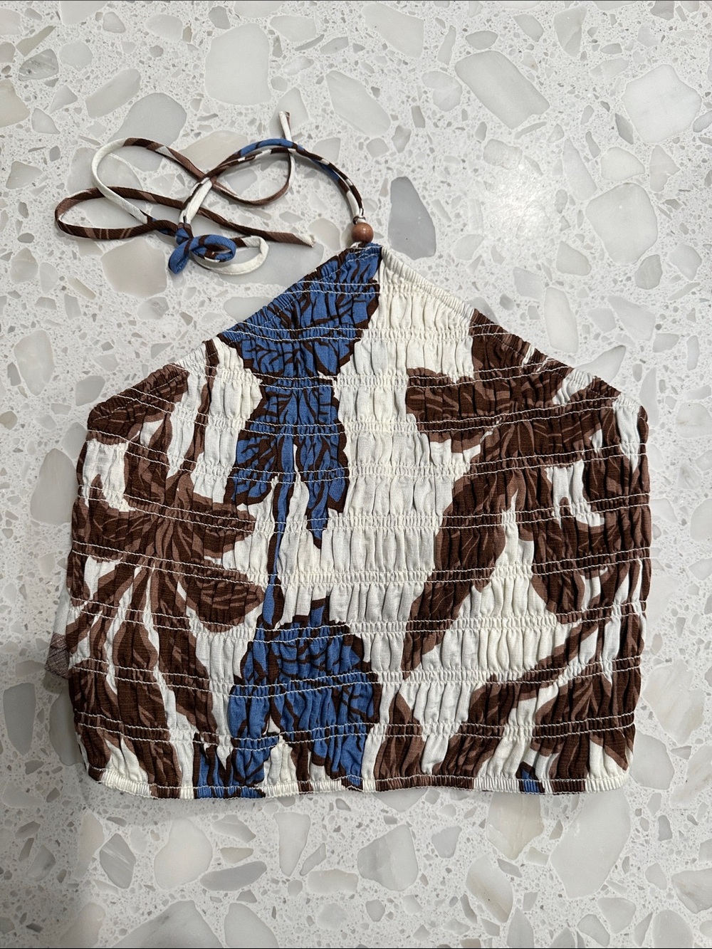 Aakaa Blue, Brown and Cream Smocked Halter Camisole